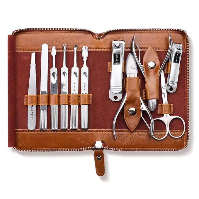 Makartt Manicure Kit: Professional Nail Care Clippers Set - 11 pcs Stainless Steel Tavel Women Men Fingernail Grooming Tool with Portable Brown Leather Case