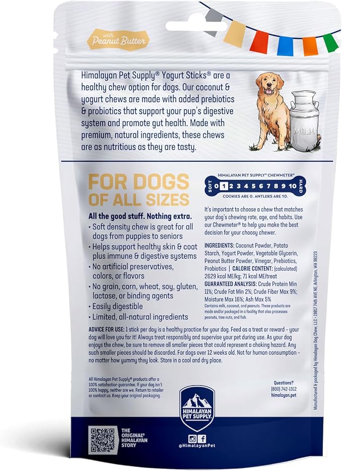 Himalayan Dog Chew Yogurt Sticks, Peanut Butter, Dog Treats With Prebiotics, Probiotics & Protein, Digestive Support, Lactose & Gluten Free, Natural Dog Treat for All Breeds, Made in America, 5 Count