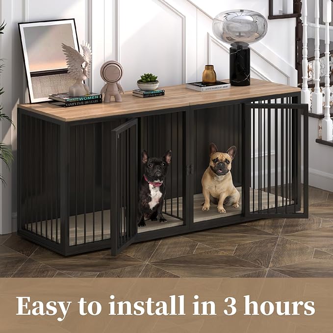 Large Dog Crate Furniture for 2 Dogs, 71.6'' Steel Frame Dog Crate with Double Doors, Heavy Sturdy Kennel for Small Medium Large Dogs, Indoor Double Dog Cage (Black)