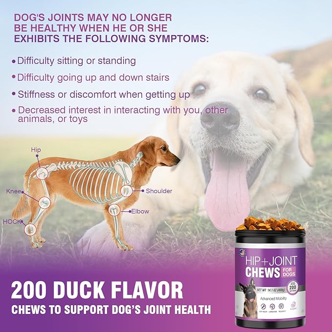 Glucosamine for Dogs 200pcs Joint Support Supplement Dog Hip and Joint Chondroitin Chews Treats with MSM Hemp Dog Joint Pain Relief Mobility Supplements Duck Flavor Fit All Large Small Medium Breed