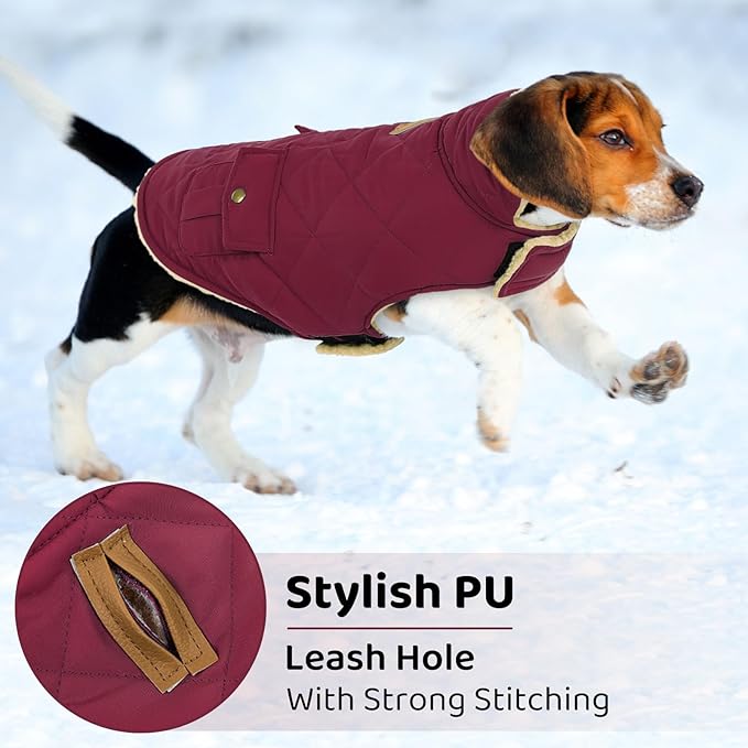 Queenmore Dog Winter Coat Warm Puffer Jacket Waterproof Plush Lining Thermal Cold Weather Vest for Small Medium Large Dogs, Windproof Easy On Pet Jacket Burgundy XL