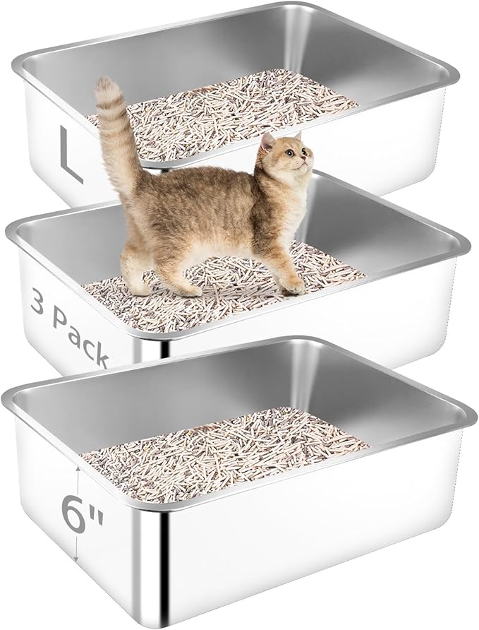 Stainless Steel Litter Box, 3 Pack 19.7"x13.8"x5.9" Large Metal High Sided Cat Litter Pan, Stainless Steel Box Splash-Proof and Non-Stick Cat Poop Box odorless