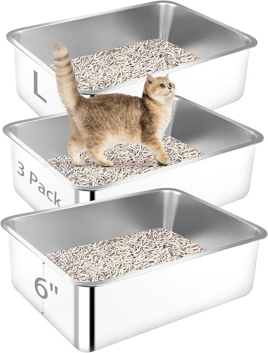 Stainless Steel Litter Box, 3 Pack 19.7"x13.8"x5.9" Large Metal High Sided Cat Litter Pan, Stainless Steel Box Splash-Proof and Non-Stick Cat Poop Box odorless