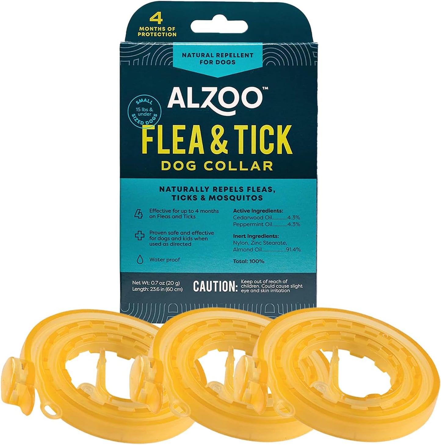 ALZOO Flea & Tick Dog Collar - Helps Repel Fleas, Ticks & Mosquitoes - 100% Plant-Based Active Ingredients - Waterproof - Up to 4 Months Protection - Small-Sized Dogs: 15 lbs & Under - Pack of 3