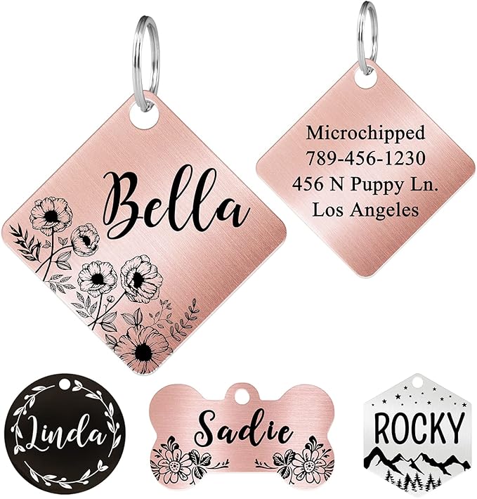 Ultra Joys Stainless Steel Pet ID Tags - Personalized Front and Back Engraving, Customized Dog and Cat Tags, Optional Engraved on Both Sides, Diamond Flower Rose Small