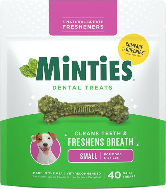 Minties Dental Chews for Dogs, 40 Count, Vet-Recommended Mint-Flavored Treats for Tiny/Small Dogs 5-24 lbs, Dental Bones Clean Teeth, Fight Bad Breath, and Removes Plaque and Tartar