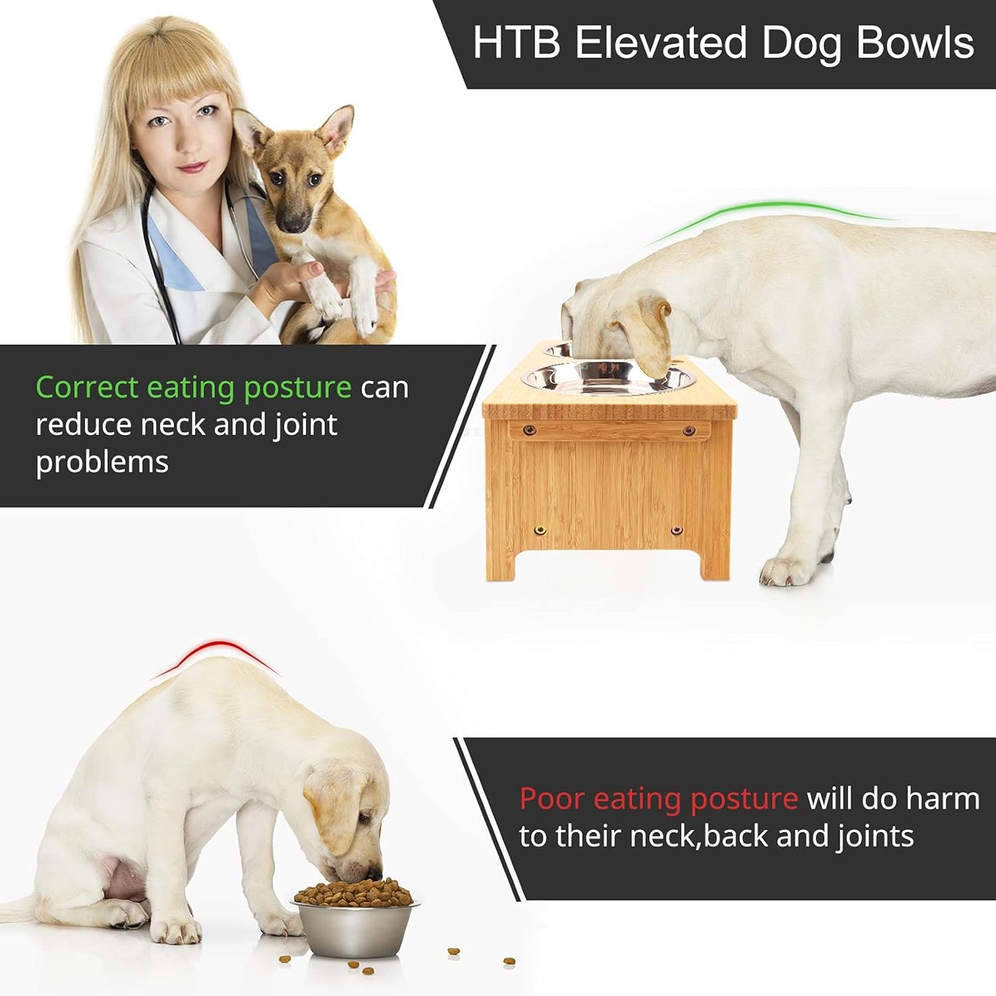 HTB Elevated Dog Bowls,Raised Dog Bowl Stand with 2 Stainless Steel Bowls,Elevated Raised Dog Bowls for Large Medium Small Sized Dogs