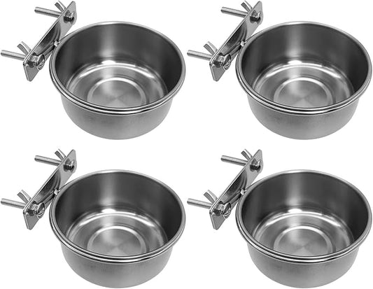 Tfwadmx 4 Pcs Stainless Steel Bird Bowls with Clamp,Clamp Holder Coop Cup,Bird Dishes for Cage, Cage Water Bowl for Cockatiels Lovebird Budgie Chinchilla