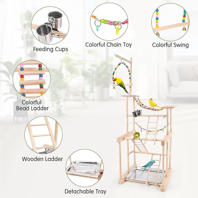 Bird Playground 4 Layer, Parrot Playground Bird Play Stand for Parakeet Conure Cockatiel Lovebird Budgie, Parrot Playstand with Feeder Cups, Ladder, Chain Toy, Swing and Detachable Tray