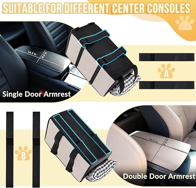 SlowTon Console Dog Car Seat - Portable Dogs Armrest Booster Seat for Small Dog, Anti-Collapse Pet Car Seat with Soft Cushion Safety Belt, Support Pet Up to 11lbs (Beige)