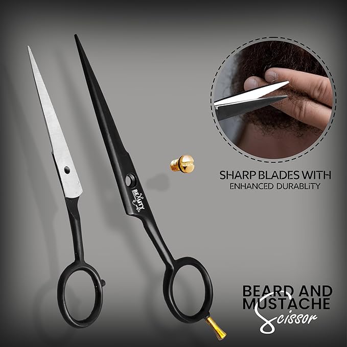 5'' German Beard Mustache Scissor- 2 Mustache Combs for Facial Hair with Beautiful Pouch -Beard Trimming Scissors for Grooming, Cutting, and Styling of Mustache (Black with Folding Comb)