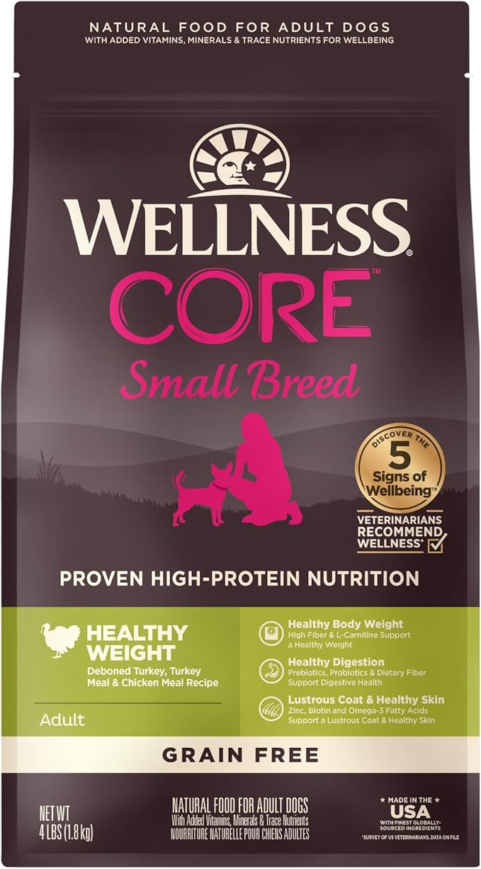 Wellness CORE Dry Dog Food, Small Breed, Grain-Free, High Protein, Natural, Healthy Weight Turkey & Chicken Recipe, (4-Pound Bag)