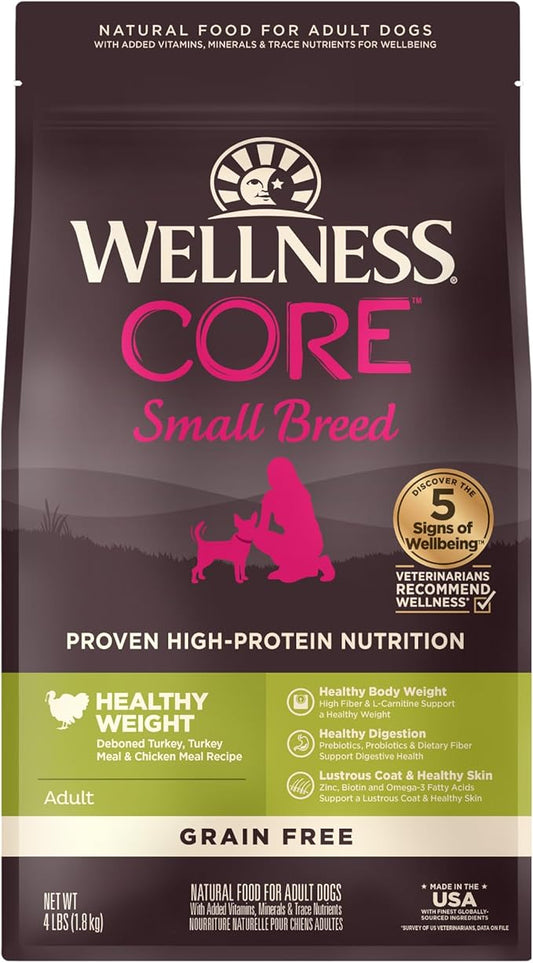 Wellness CORE Dry Dog Food, Small Breed, Grain-Free, High Protein, Natural, Healthy Weight Turkey & Chicken Recipe, (4-Pound Bag)