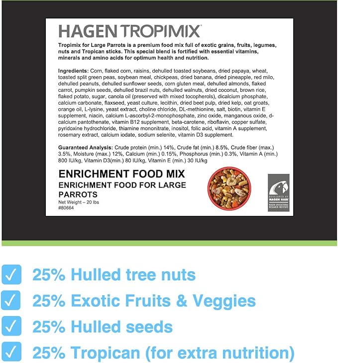 Tropimix Bird Food, Large Parrot Food with Seeds, Fruit, Nuts, Vegetables, Grains, and Legumes, Enrichment Food, 20 lb Bag