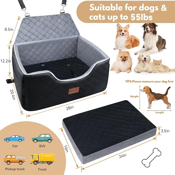 Dog Car Seat for Large-Medium Dogs: Pet Car Seat, Detachable Washable Dog Booster Seat, Pet Travel Bed with Storage Pockets and Dogs Safety Belt (Black, Large)