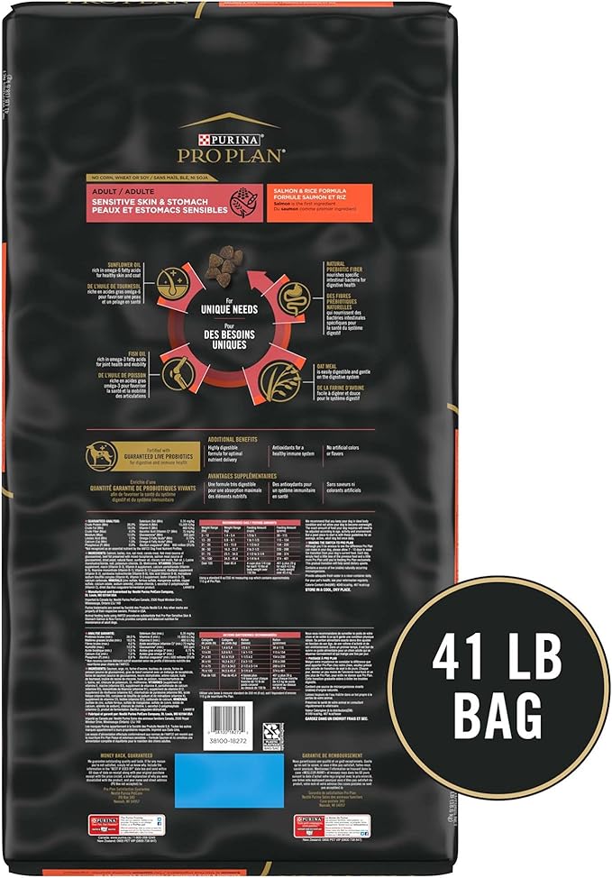Purina Pro Plan Sensitive Skin and Stomach Dog Food With Probiotics for Dogs, Salmon & Rice Formula - 41 lb. Bag