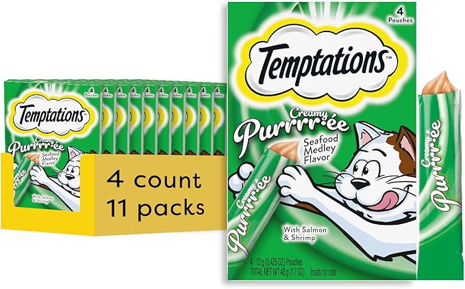 Temptations Creamy Puree Mix-Ups Squeezable Lickable Wet Cat Treats, Seafood Medley Flavor, 0.42 oz. Tubes, 4 Count, Pack of 11 (44 Total)