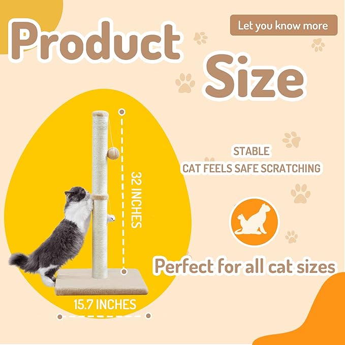 MeowHomm 32” Tall Cat Scratching Posts for Indoor Cats Adults with 2 Hanging Ball, Large Cat Scratch Post Cat Scratcher Includes Sisal Rope(Yellow)