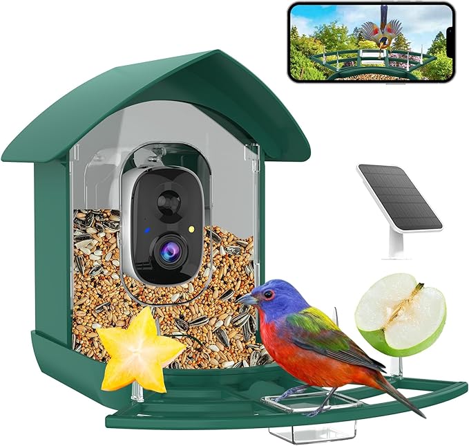 Bird Feeder with Camera,AI Identify Birds Species,FHD WiFi Outdoor Smart Bird Feeder Camera with Solar Powered,Real-Time Notice,Auto Record,IP65 Weatherproof Birds House with Cam,Ideal Gift for Family