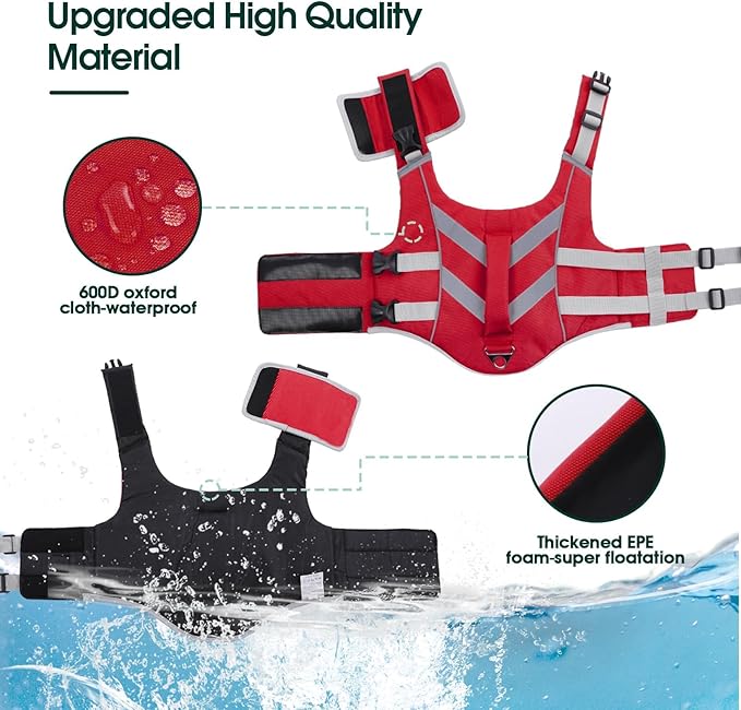 Kuoser Dog Life Jacket with Reflective Stripes - Adjustable High Visibility Vest, Ripstop Lifesaver, Pet Preserver with High Flotation Swimsuit for Small, Medium and Large Dogs