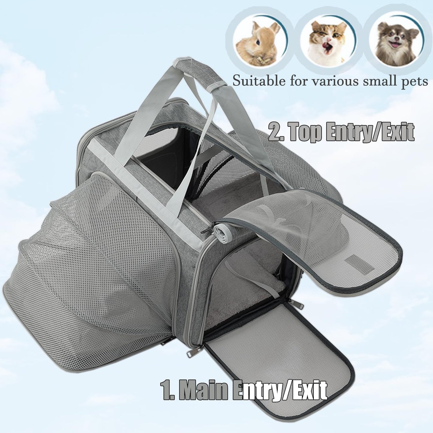 Dog Carrier Cat Carriers Grey Soft Pets Bag Airline Approved Dog Carrier for Small Dogs Carrier,2Sides Expand,Stylish Rabbit Bunny Pets Carriers Travel Outdoor Carry Kennel
