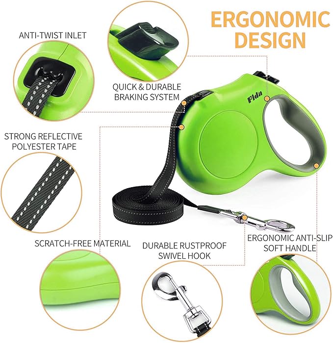 Fida Retractable Dog Leash for Medium Breed up to 44 lbs, 16 ft Pet Walking Leash with Dispenser and Poop Bags, Anti-Slip Handle, Reflective Strong Nylon Tape, One-Handed Brake (M, Green)