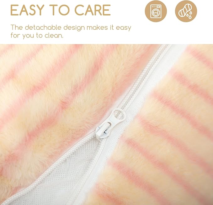 Hollypet Cat Bed Fluffy Plush Mutifuctional Double-Layer Soft Pet Couch Orthopedic Sofa Nest Beds for Small Cats and Dogs, Pink Stripes (21x15x8 inch)