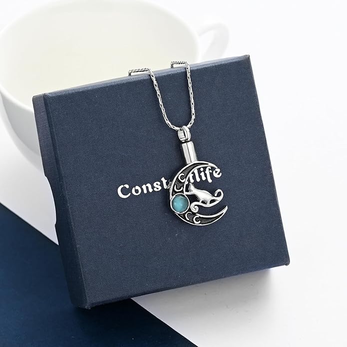 constantlife Cat Moon Urn Necklace for Women Pet Cremation Jewelry for Ashes Stainless Steel Pendant Funeral Keepsake Loved Ones Memorial Gift
