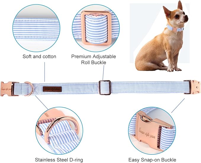 Unique Style Paws Blue Stripe Dog Collar Metal Buckle Gift Cute Collar for Small, Medium, Large Dogs
