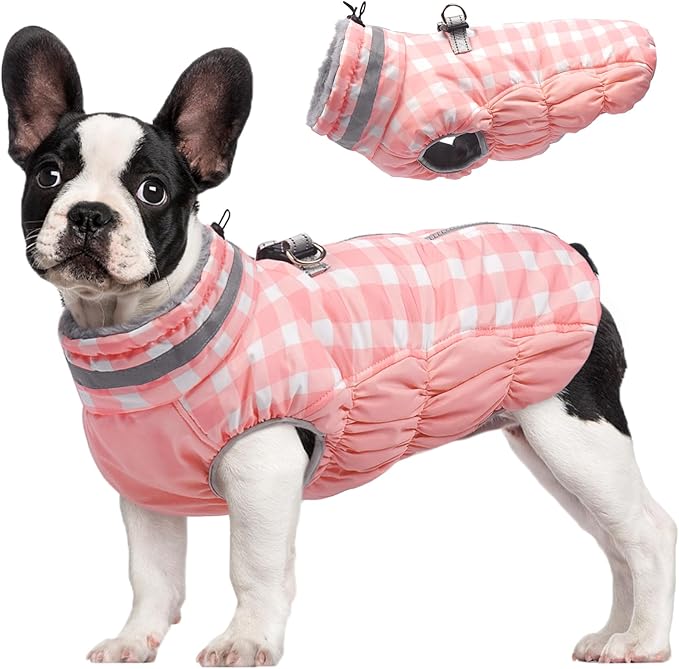 FUAMEY Dog Coat for Small Dogs,Waterproof Dog Winter Jacket with Harness Built in Puppy Cold Weather Coats Reflective Pet Vest with Zipper Warm Fleece Dogs Snowsuit Windproof Pink Plaid XS