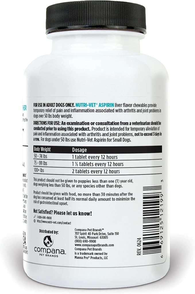 Nutri-Vet Aspirin for Dogs, Puppy Essentials, Dog Aspirin for Large Dogs, Joint Support for Seniors, Arthritis Pain Relief, 300mg per Tablet, 75 count