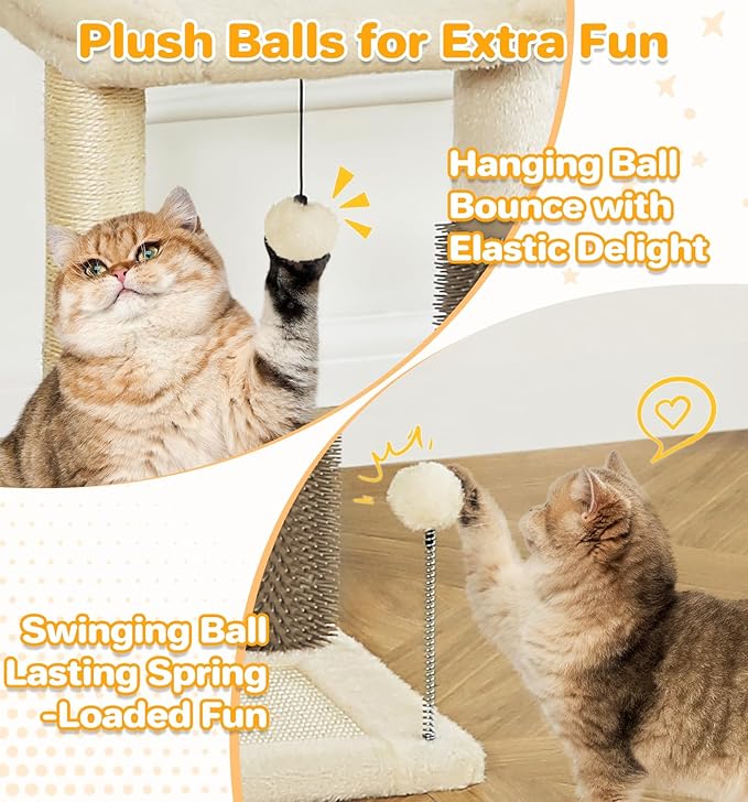 Made4Pets Small Cat Tree Tower, Cat Scratching Post 4-in-1 with Cat Self Groomer Brush, 20" Tall Natural Sisal Cat Scratcher, Soft Plush Cat Perch Bed with Dangling Ball for Indoor Kittens, Beige