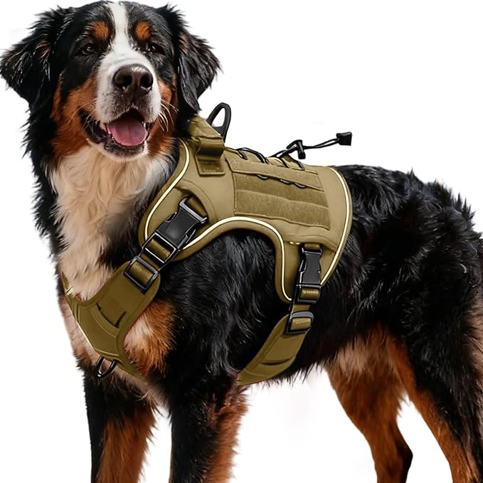 Heavy-Duty Tactical Dog Harness for Large Dogs, No Pull Adjustable Reflective Pet Vest with Molle System, K9 Military-Grade Control for Service Training, Outdoor & 10+ Breeds, Khaki, XX-Large
