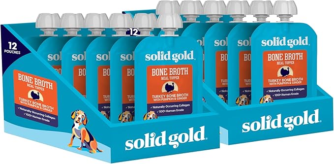 Solid Gold Turkey Bone Broth for Dogs - Limited Ingredient Bone Broth Dog Food Toppers for Picky Eaters with Collagen & Superfoods - Dog Gravy Topper for Dry Food - Gut Health & Hydration - 12 Pack