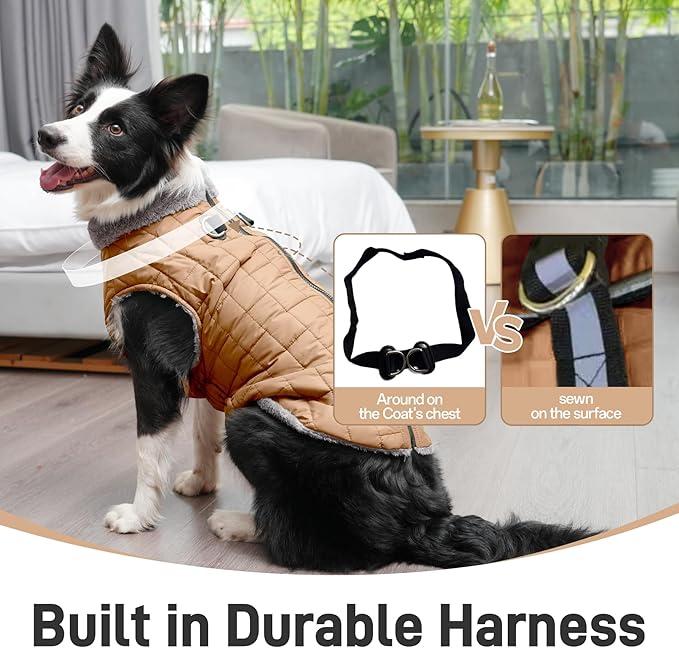 Warm Fleece Dog Coats with Durable Harness Buitl in D-Ring,Waterproof Puppy Jacket for Small Dogs,Dog Vest for Cold Winter,Burnished Khaki XS