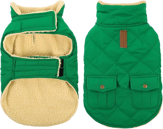 Queenmore Warm Dog Coat, Cold Weather Puffer Dog Coat Vest, Quilting Winter Pet Jacket Ultra Thick Plush Fleece Lining Pet Clothes for Dogs with Storage Pockets (Forest Green, Small)