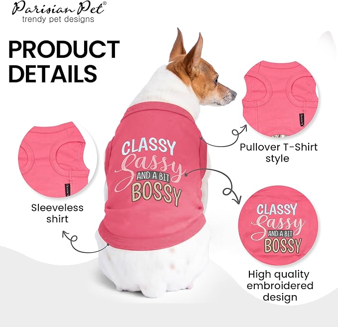 Parisian Pet 'Bit Bossy' Dog Tee - 100% Cotton, Machine Washable T-Shirt for Large Dogs, Pink