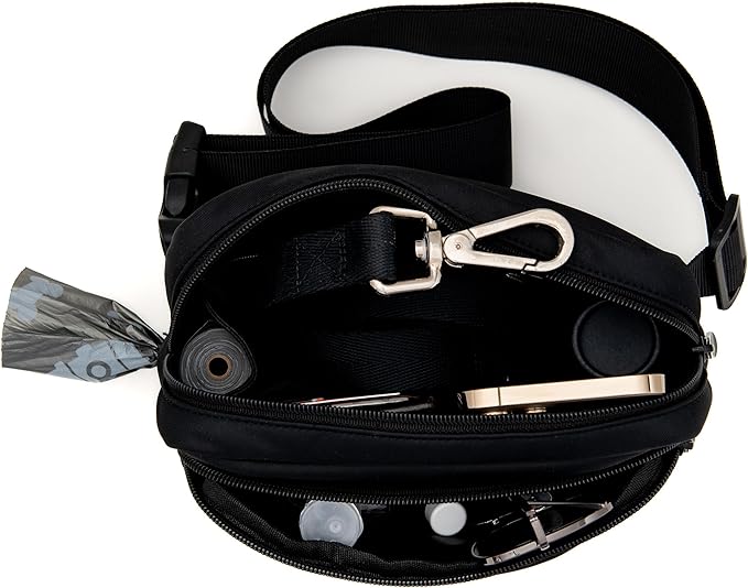 Puppington 3-in-1 Crossbody Dog Walking Bag & Treat Pouch with Matching Planet Safe Poop Bags & Built-In Dispenser - Dog Mom Gift for Puppy Training with Zippered Pockets (Onyx Black)