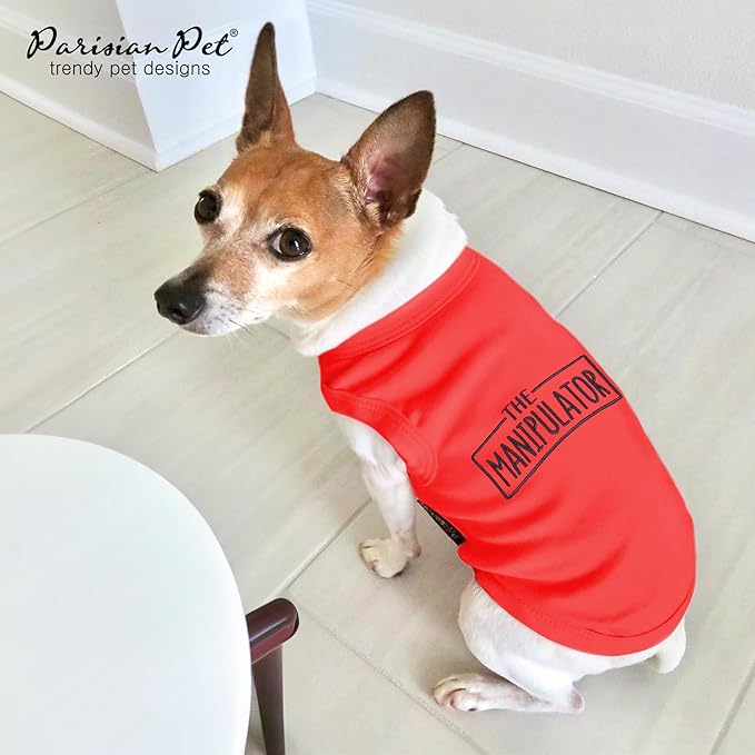 Parisian Pet Dog Tshirt - Embroidered “ Manipulator “ Tank Top - Breathable and Lightweight Dog Clothes - Sleeveless Red Tee Shirts - Machine Washable Shirt for Medium Dogs - M