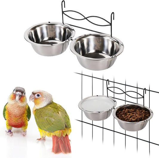kathson Stainless Steel Bird Bowls for Cage, 2 PCS Metal Pet Food Water Dishes with Holder Feeder Cage Coop Hook Feeder Cups for Birds, Parrots, Small Sized Dogs and Cats (6.7 Inch Dia)