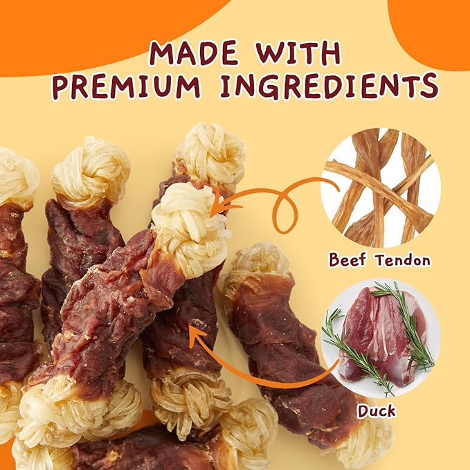 Jungle Calling Beef Tendons for Dogs, Duck Wrapped Tendons Dog Chews Long Lasting Hip and Joint Supplement for Dogs with Glucosamine (Knotted Bone)