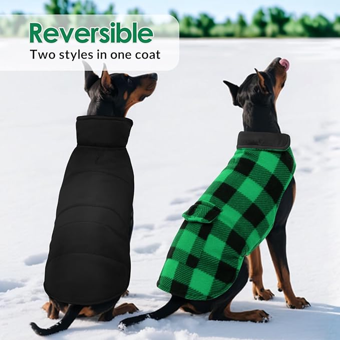 ASENKU Dog Winter Coat, Fleece Doggie Jacket Plaid Reversible Vest Waterproof Windproof Cold Weather Clothes for Small Medium Large Dogs (L, Green)