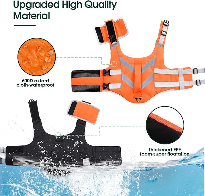 Kuoser Dog Life Jacket with Reflective Stripes, Adjustable High Visibility Dog Life Vest with High Flotation Swimsuit for Small Medium and Large Dogs
