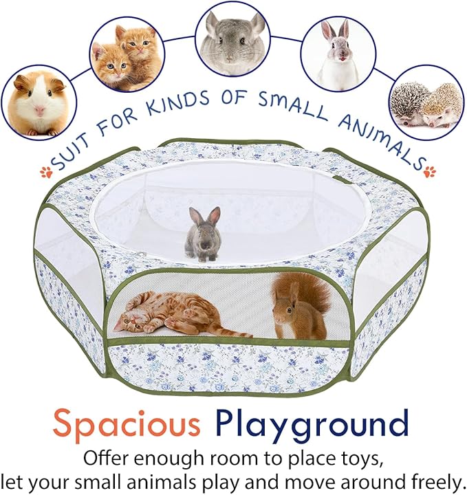 Pawaboo Small Animals Playpen, Waterproof Small Pet Cage Tent with Zippered Cover, Portable Outdoor Yard Fence with 3 Metal Rod for Chick/Kitten/Puppy/Guinea Pig/Rabbits/Hamster, Blue + White Flower