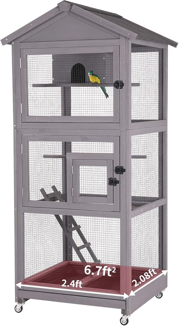 Aivituvin Outdoor Bird Cage Large Wooden Bird Aviary with Perch for Parakeet,Macaw and Any Small Birds,Wire Netting Above The Tray,Prevent Escape