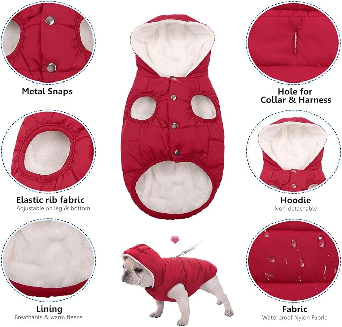 Windproof Waterproof Dog Coat Fleece & Cotton Lined Warm Jacket, Cold Weather Pet Apparel Clothes Vest for Small Medium Large Dog (L, Red)