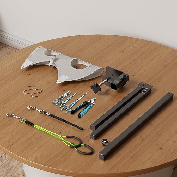 Professional Dog Grooming Table Arm with Hammock, Scissors, Nail Clipper Kit - Adjustable Grooming Arm Restraint System for Small Medium Pets at Home or Salon(Gray)