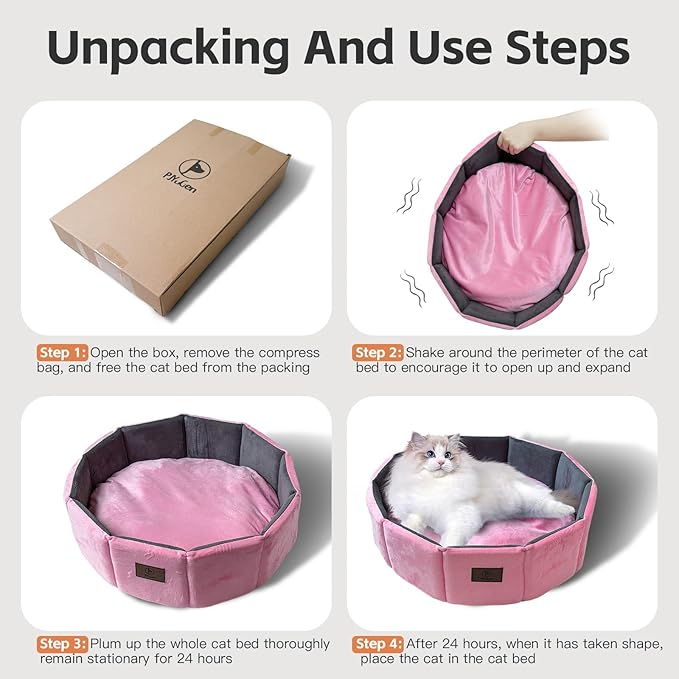 Cat Bed Kitten Bed, Washable Round Cat Beds for Indoor Cats, Super Soft Faux Rabbit Fur Small Kitten Bed for Puppy and kitten, Fluffy Inner Mat Filling Memory Foam with Anti-Slip Bottom (Pink)