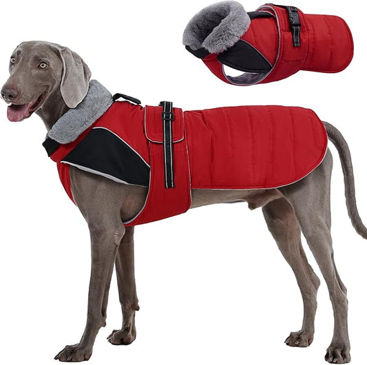 Nanaki Dog Coat Jacket for Large Dogs Winter Waterproof, Warm Fleece Lining Furry Collar Large Dog Jacket with Leash Hole, Reflective Cold Weather Pet Jacket Outdoor Walking Hunting,Easy On Red 3XL