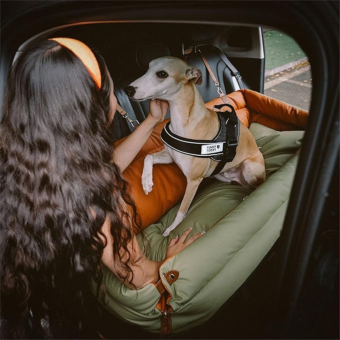 FUNNYFUZZY Dog Car Seat for Small Dogs, Waterproof Dog Car Bed with Storage Pocket, Safety Clip-On Dogs Leash, Detachable Portable Pet Carseat (Green, 37.4 * 16.5 * 17.7 inches)